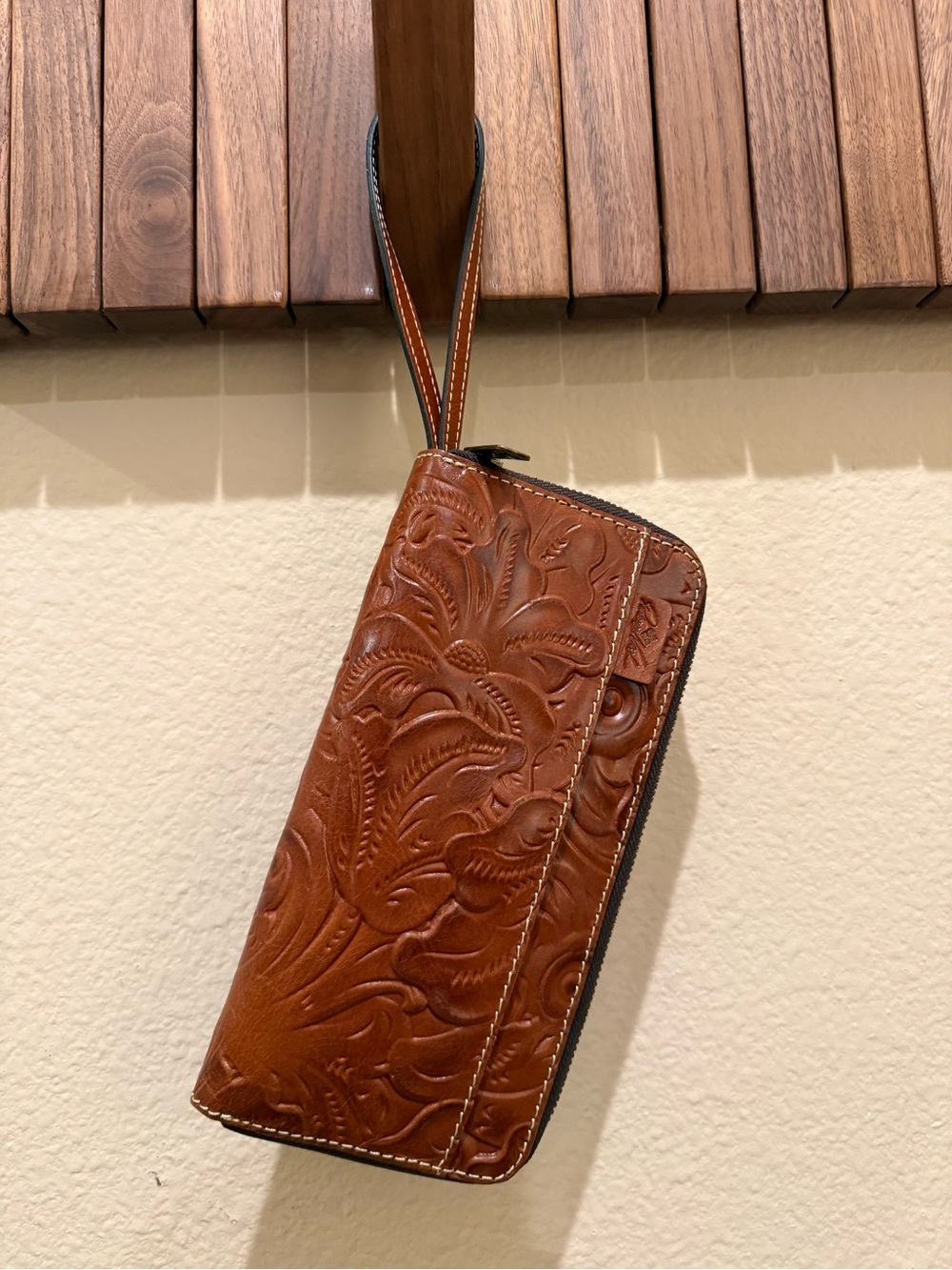 Patricia Nash Tooled Floral Leather Wristlet Clutch in Cognac Brown